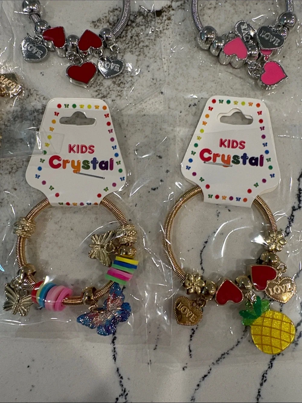 Kids Crystal Charm Bracelet Set - Hearts & Pineapple